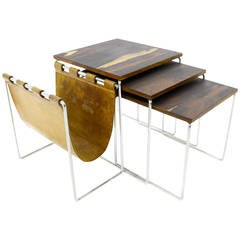 Beautiful Nesting Tables with Magazine Rack in Rosewood, Leather and Steel