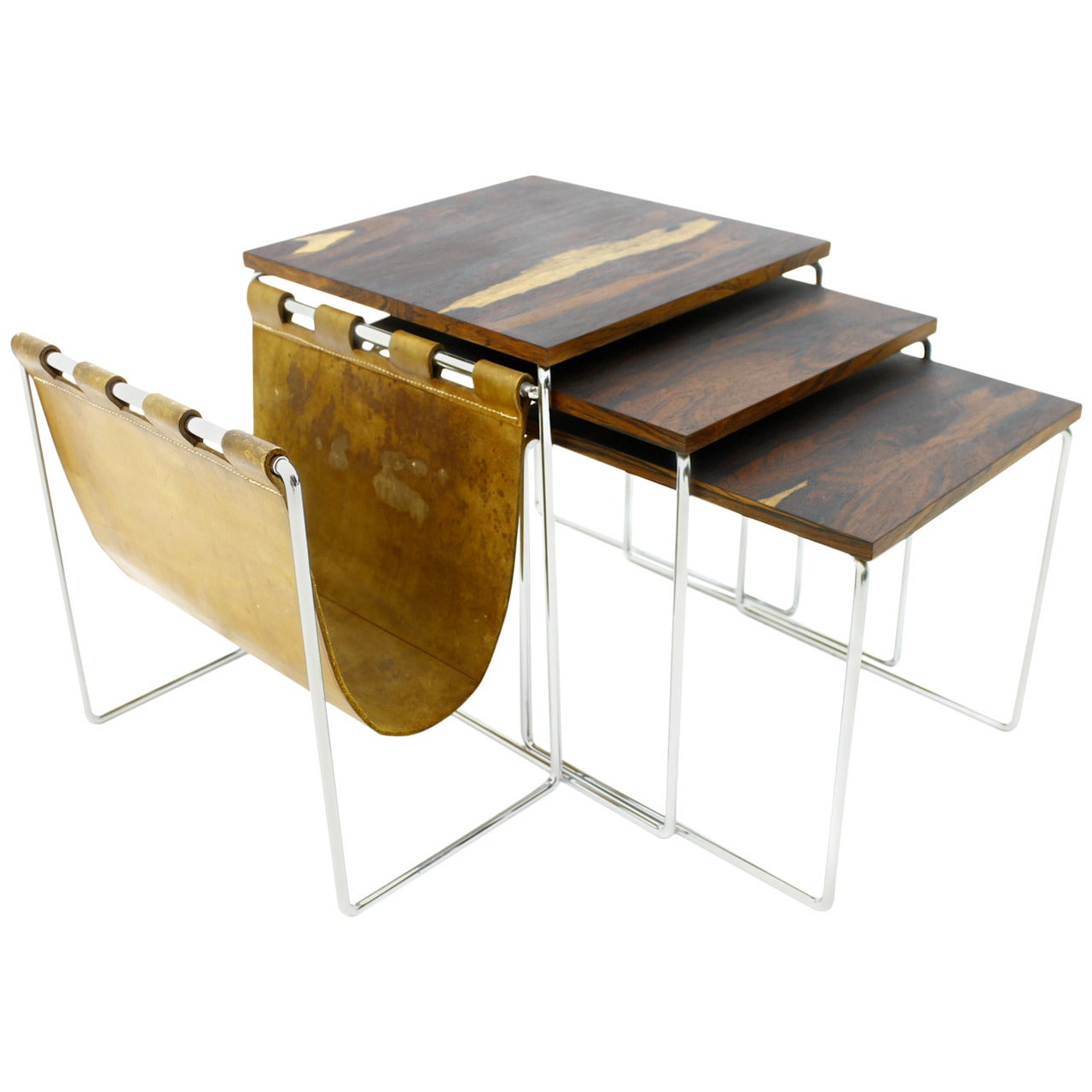 Beautiful Nesting Tables with Magazine Rack in Rosewood, Leather and Steel