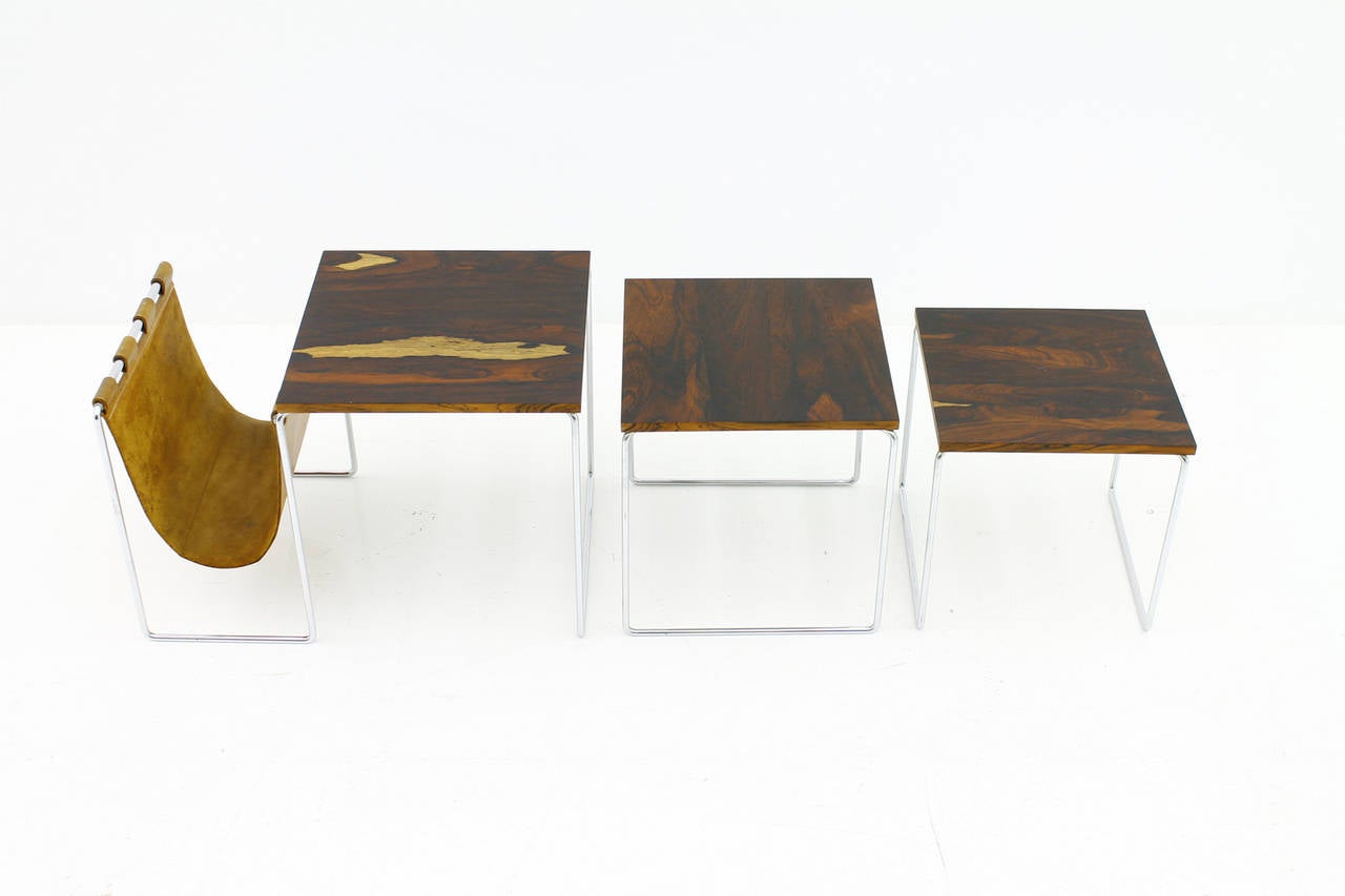 Mid-Century Modern Beautiful Nesting Tables with Magazine Rack in Rosewood, Leather and Steel