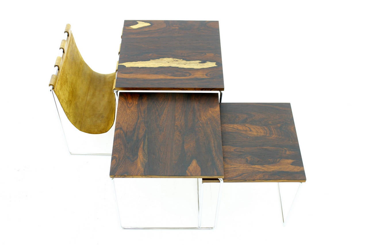 Mid-20th Century Beautiful Nesting Tables with Magazine Rack in Rosewood, Leather and Steel