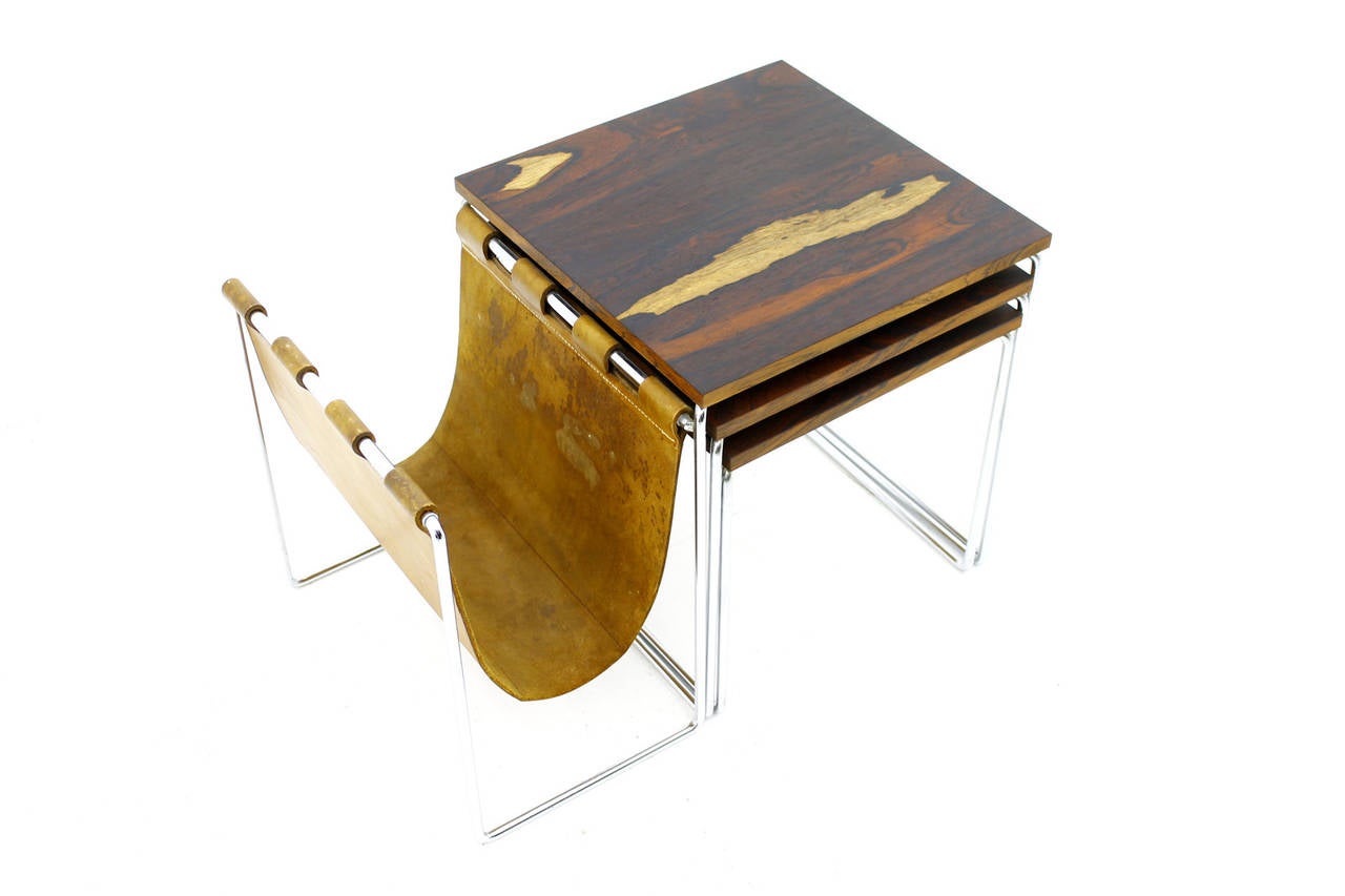 Dutch Beautiful Nesting Tables with Magazine Rack in Rosewood, Leather and Steel