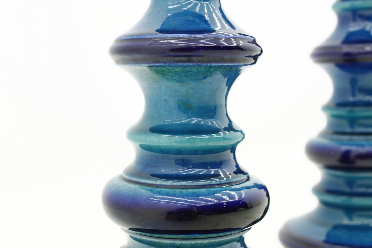 Italian Pair of Blue Ceramic Table Lamps, 1960s