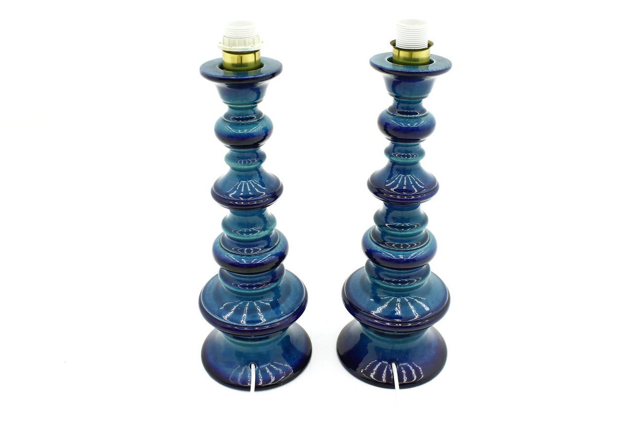Mid-20th Century Pair of Blue Ceramic Table Lamps, 1960s