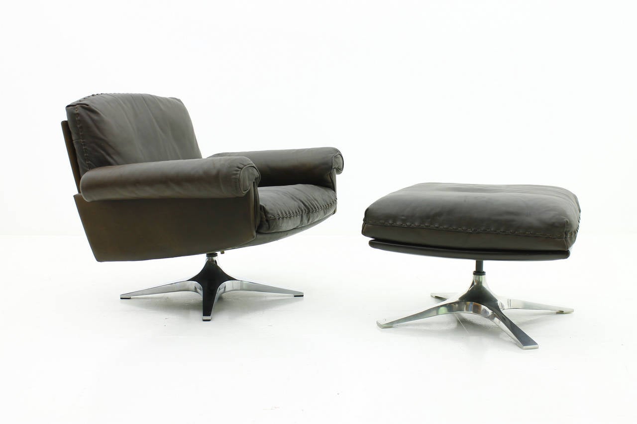 Swiss Leather Lounge Chair with Ottoman DS 31, De Sede Switzerland, 1970