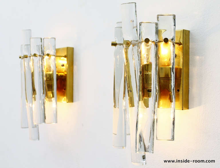 Mid-Century Modern Pair Kinkeldey Wall Sconce, Krystal Glass, Gold Plate For Sale