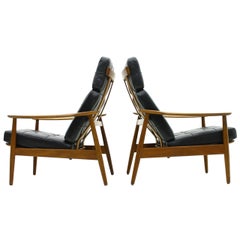 Danish Reclining Lounge Chairs, Teak and Leather by Arne Vodder, 1960