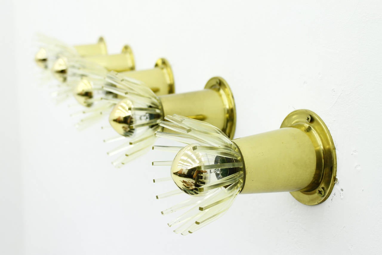 Mid-20th Century Set of Five Small Brass & Lucite Wall Lights, 1950s For Sale