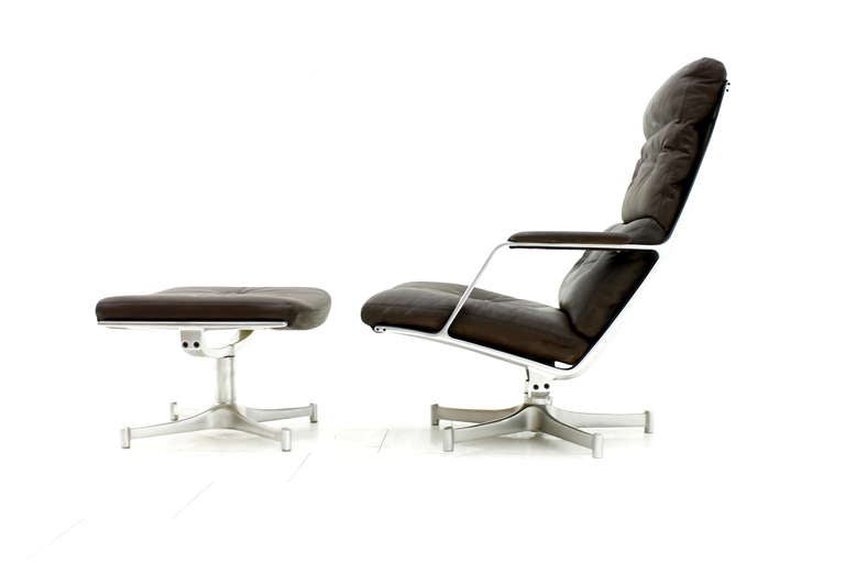 Lounge Chair & Ottoman by Preben Fabricius & Jørgen Kastholm, FK Lounge, Kill Int. Dark brown Leather, Aluminum.