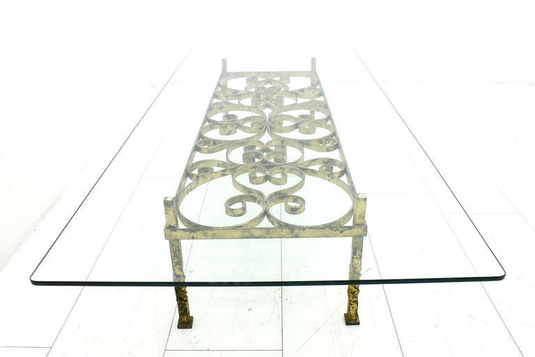 Mid-Century Modern Large Sofa Table with Gold Plated Iron and Glass
