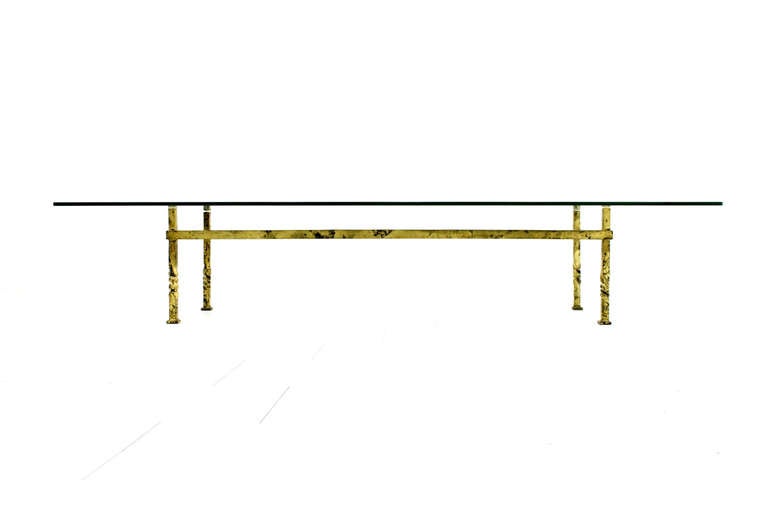 Fantastic Sofa Table with gold plated Iron and Glass.
Great Condition with nice patina. Very heavy.
W 210 cm, D 90 cm, H 41 cm.