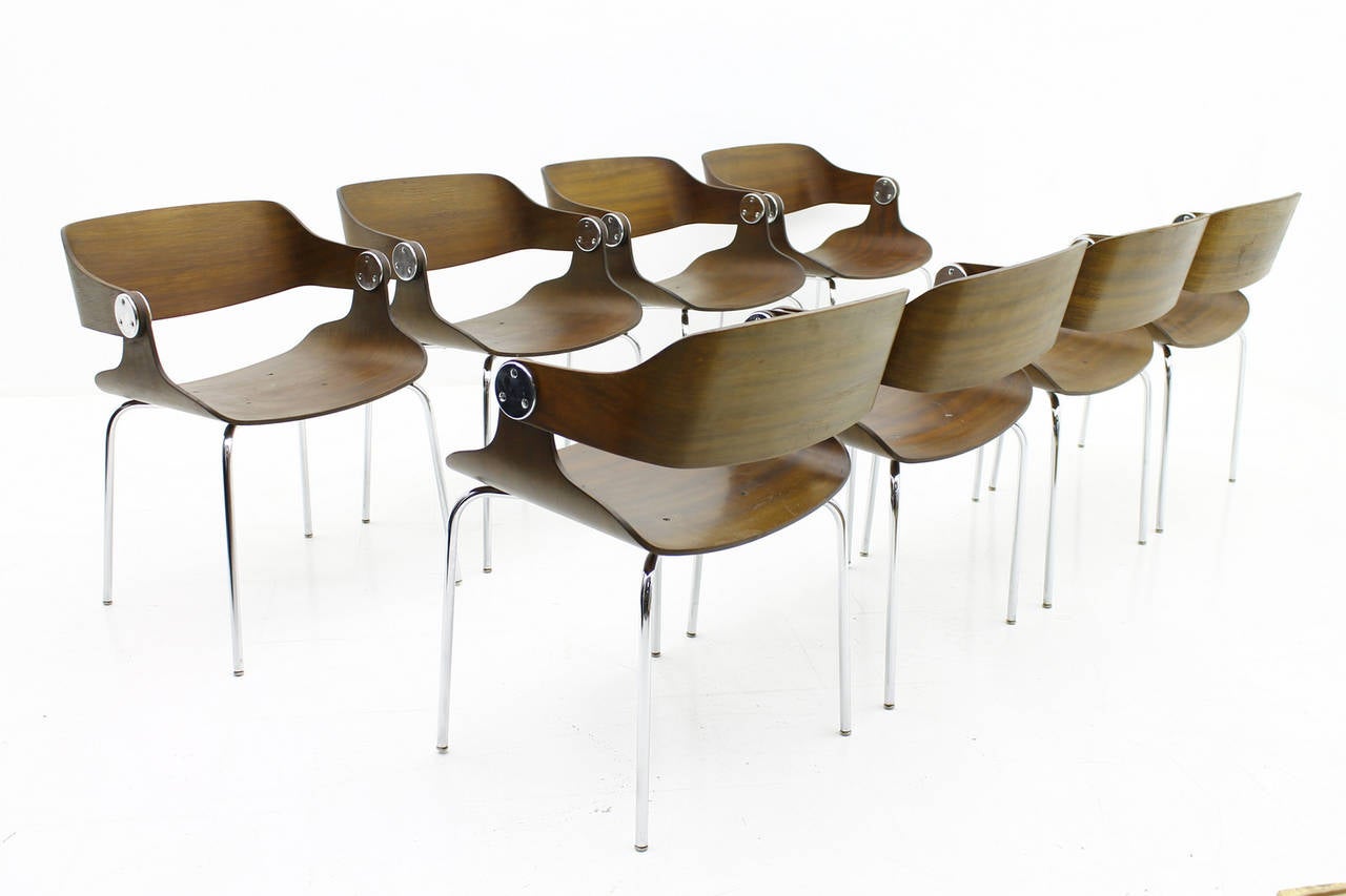 Mid-20th Century Set of Eight Plywood Dining Room Chairs by Eugen Schmidt, Germany, 1966