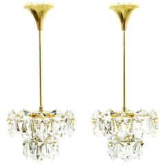 Nice Pair of Crystal Glass and Gold Plated Chandeliers, 1960`s 7