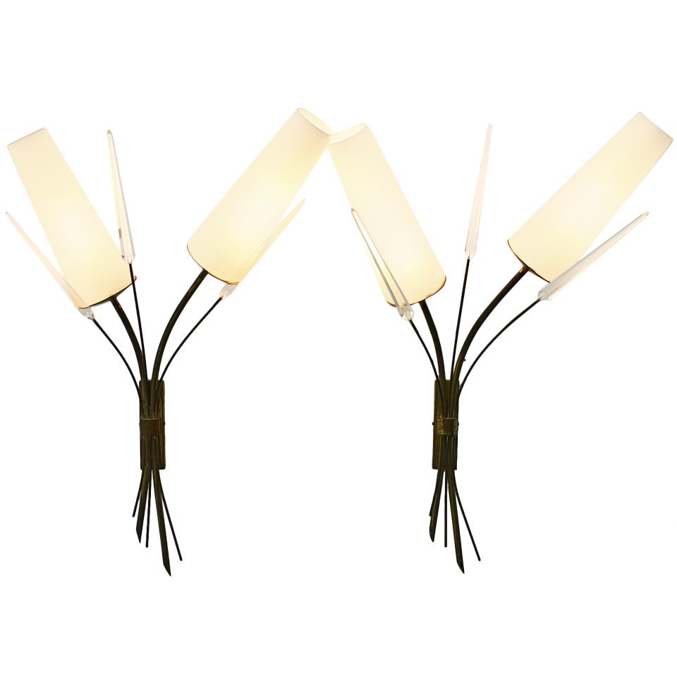 Pair of Brass, Glass and Lucite Wall Lights in the Style of Maison Arlus, 1950s For Sale