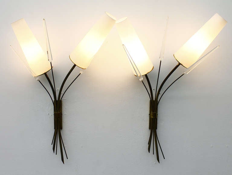 Pair of Brass, Glass and Lucite Wall Lights in the Style of Maison Arlus, 1950s