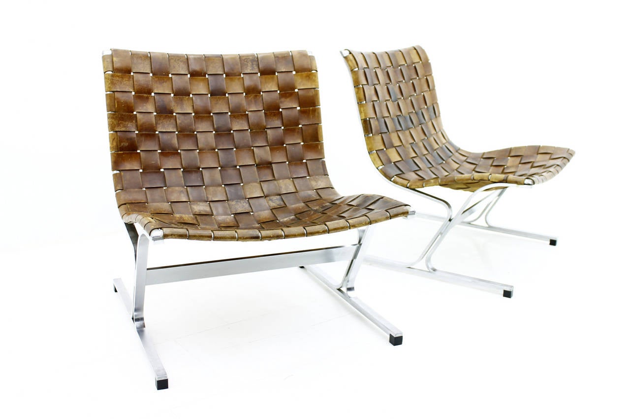Italian Pair of Leather Lounge Chairs PLR 1 by Ross Littell, Italy, 1968