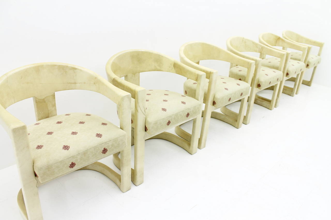 Late 20th Century Set of Six Karl Springer Onassis Chairs, Goatskin, 1980s