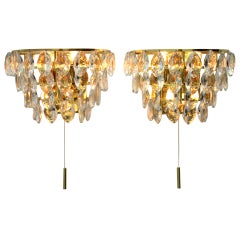 Pair of Palwa Wall Sconces, Gilded Brass and Crystal Glass, Germany 1960s