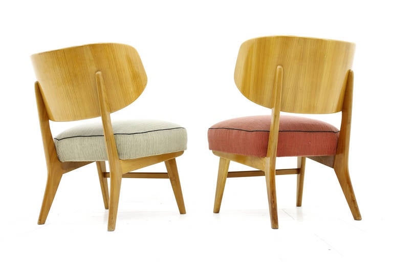Rare Pair Lounge Chairs by Herta-Maria Witzemann, Germany 1957. 
Laminated wood, cherry veneer, fabric.
Good original Condition.