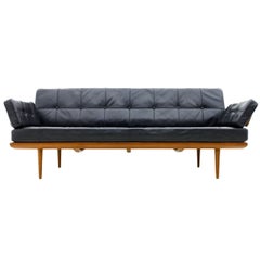 Danish Teak and Black Leather Sofa, Daybed by Peter Hvidt