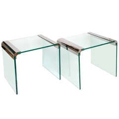 Pair of Pace Glass and Stainless Steel Waterfall Side Tables