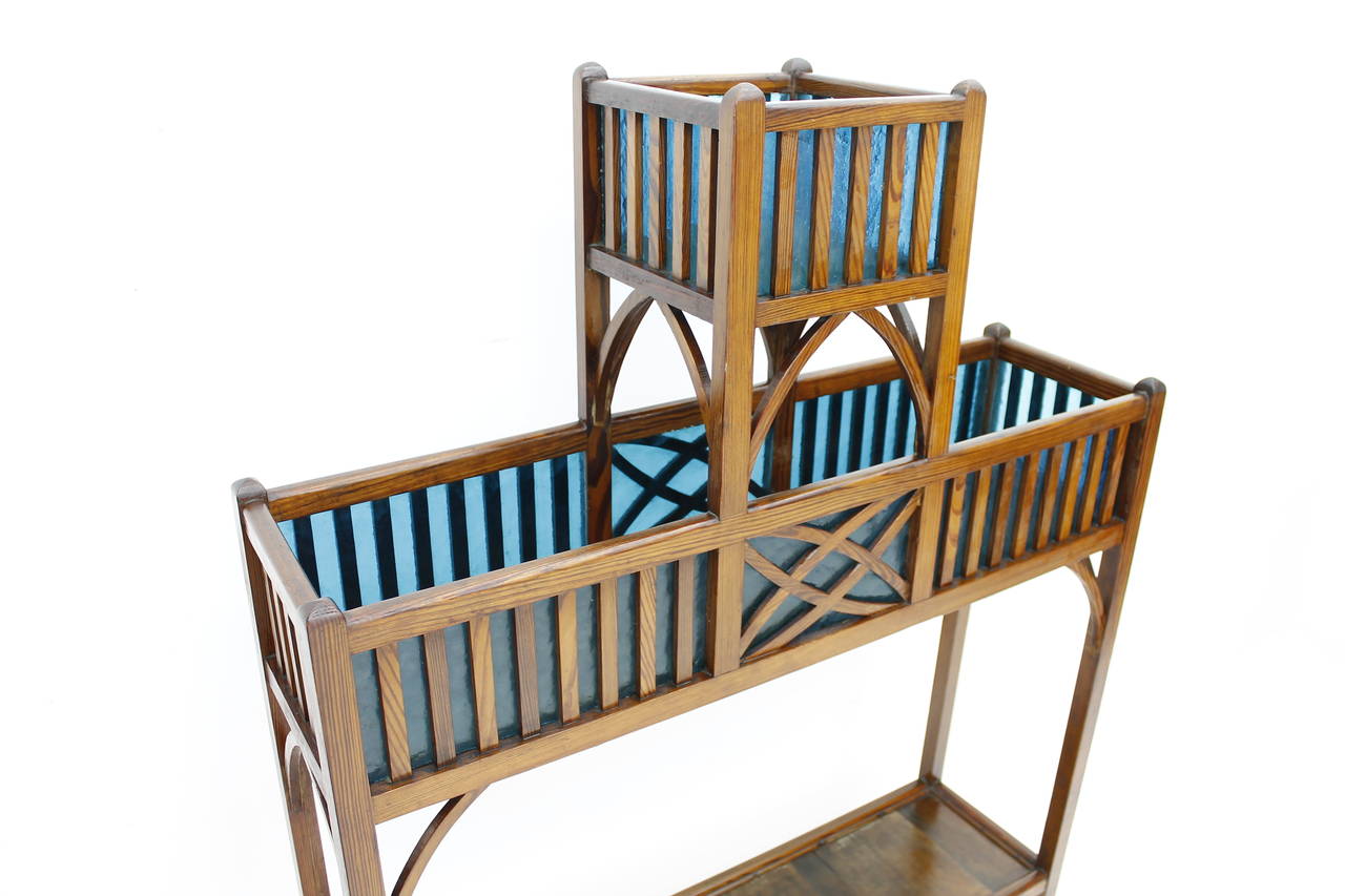20th Century Nice Jugendstil Etagere in Wood and Blue Glass, ca 1910