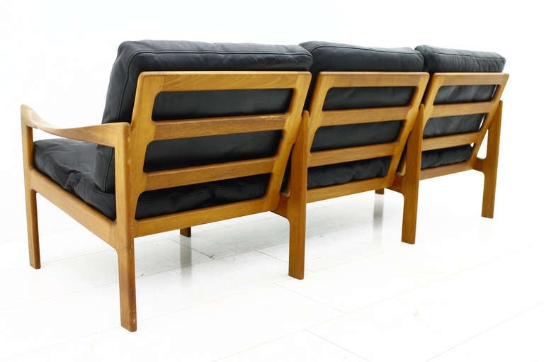 Mid-20th Century Illum Wikkelso 3er Sofa, Teak & Leather, Denmark
