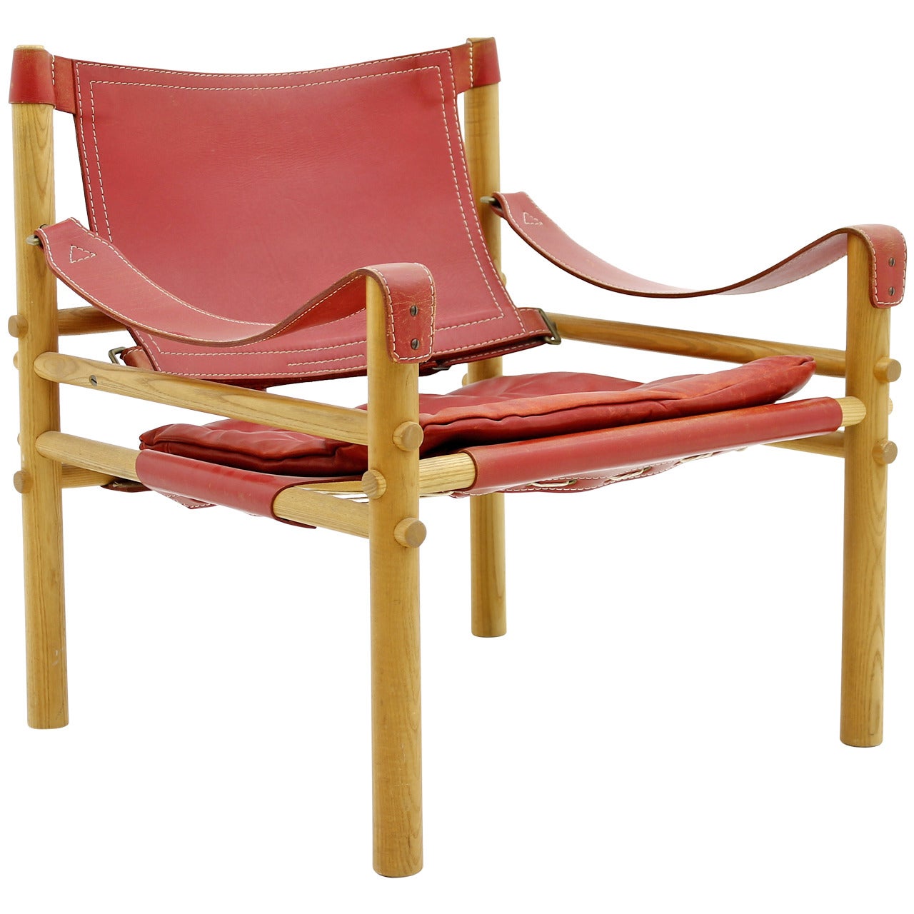 Arne Norell Safari Lounge Chair in Red Leather, Sweden, 1960s