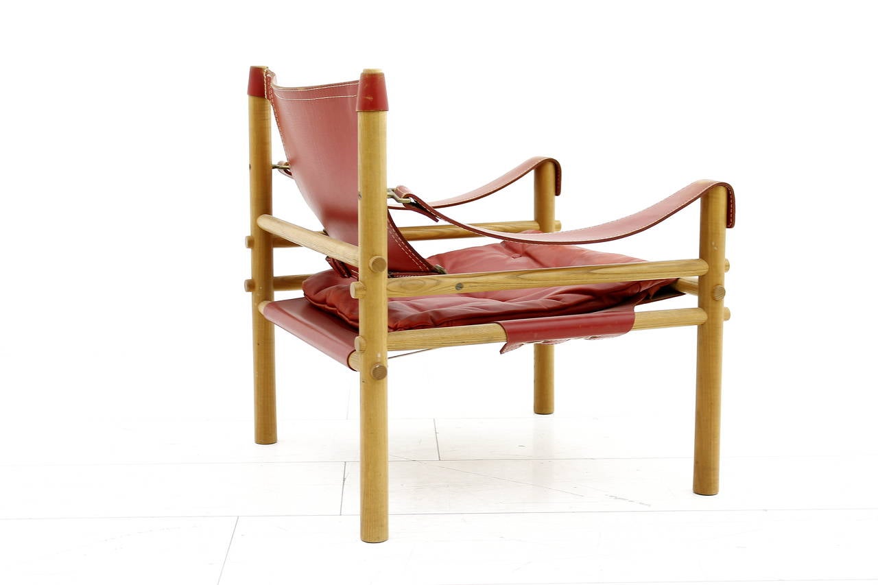 Scandinavian Modern Arne Norell Safari Lounge Chair in Red Leather, Sweden, 1960s