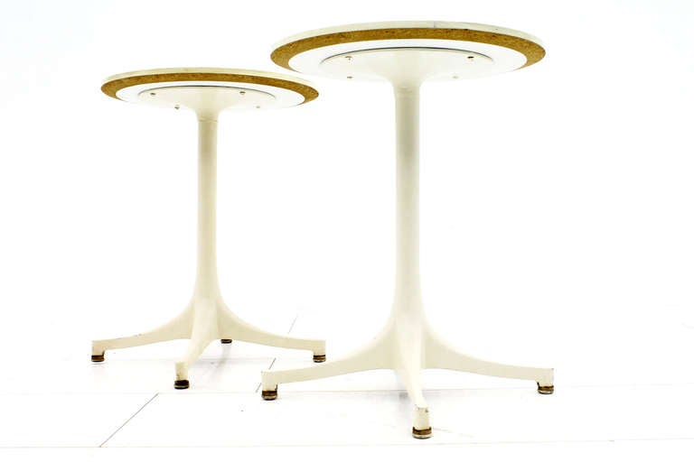 Early pair Side Tables 5451 by George Nelson 1950`s.
Painted Metal, Wood and Laminate.
Height 57 cm, Diameter 44 cm.
Good Condition!