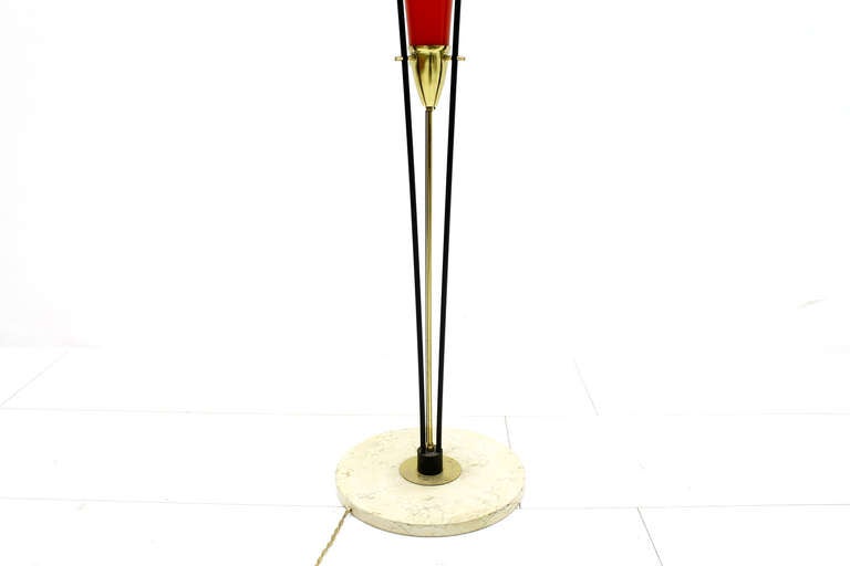 An amazing floor lamp from Italy, circa 1950s. Marble base, brass and orange/red Murano glass.

Measurements: Total height 156 cm, diameter marble base 31 cm.
Length go the glass 90 cm, diameter 12 cm.
Very good condition.

Worldwide shipping.