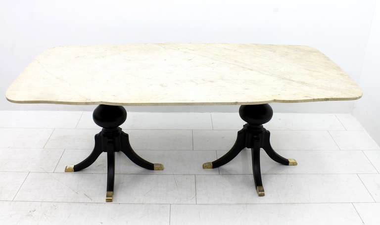 Dining Table from Italy, 1950`s. Wood Base and Marble Top. Beautiful Details. 
Ver good restored condition.

We offer worldwide shipping. Please contact us for a transport offer for a delivery to your door.
