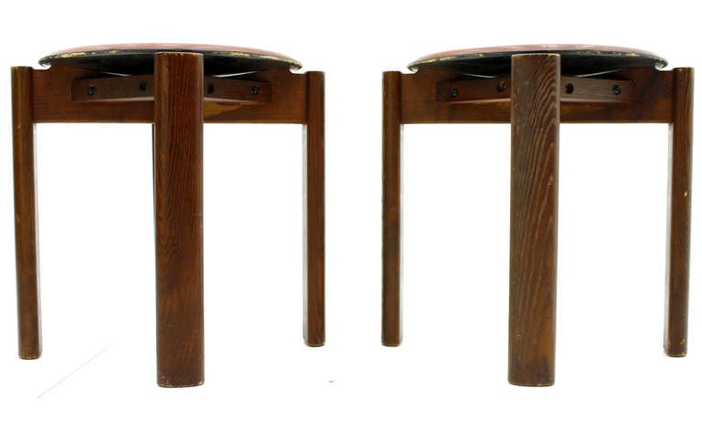 Italian Rare Pair of Cassina Leather and Wood Stools, Italy