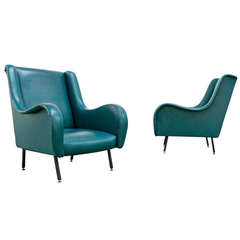 Pair of Lounge Chairs in Style of Zanuso, Italy 1950s /1960s Mid-Century Modern Leather