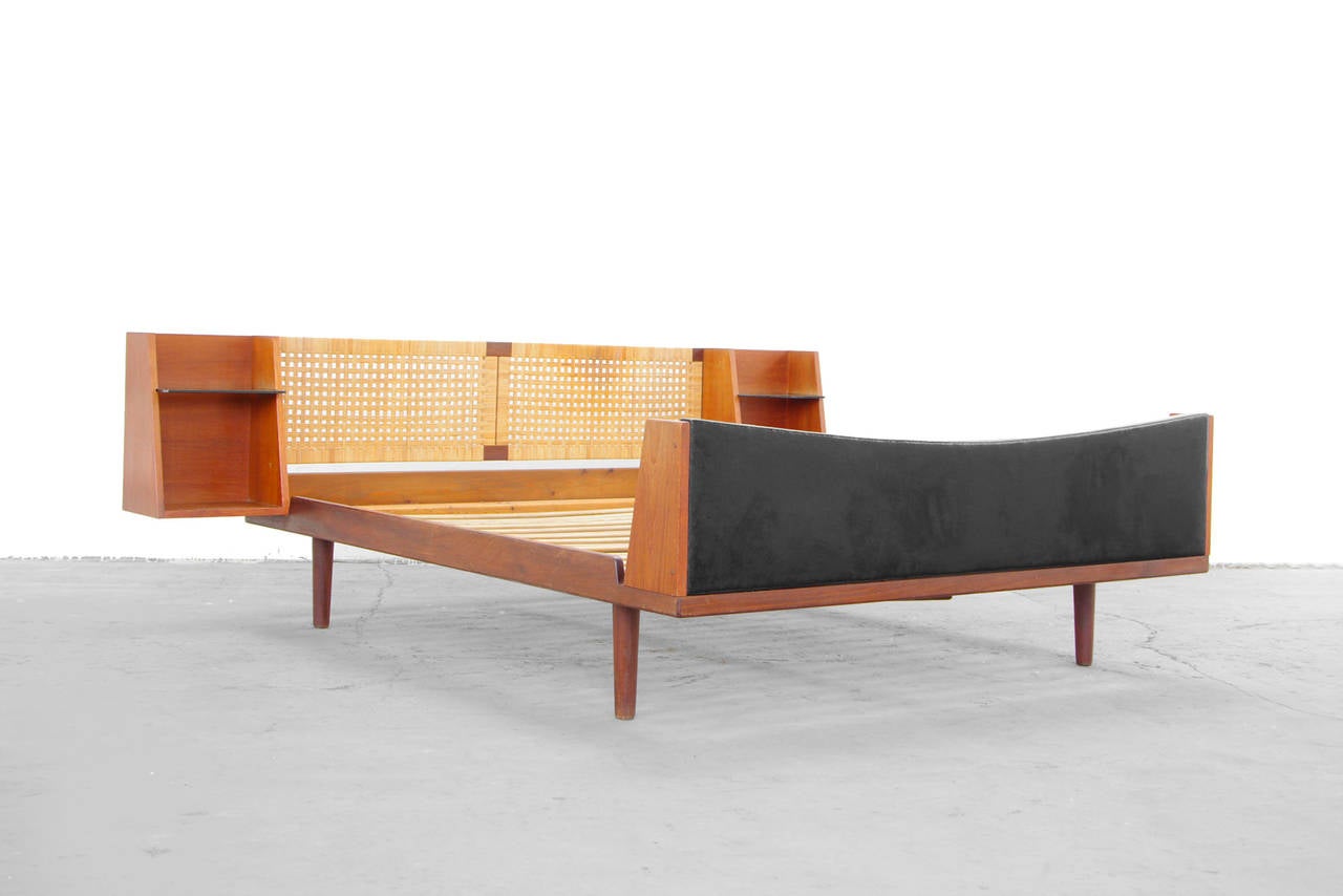 Faux Leather Teak King-Size Bed with Cane Headboard by Hans Wegner, Danish Modern