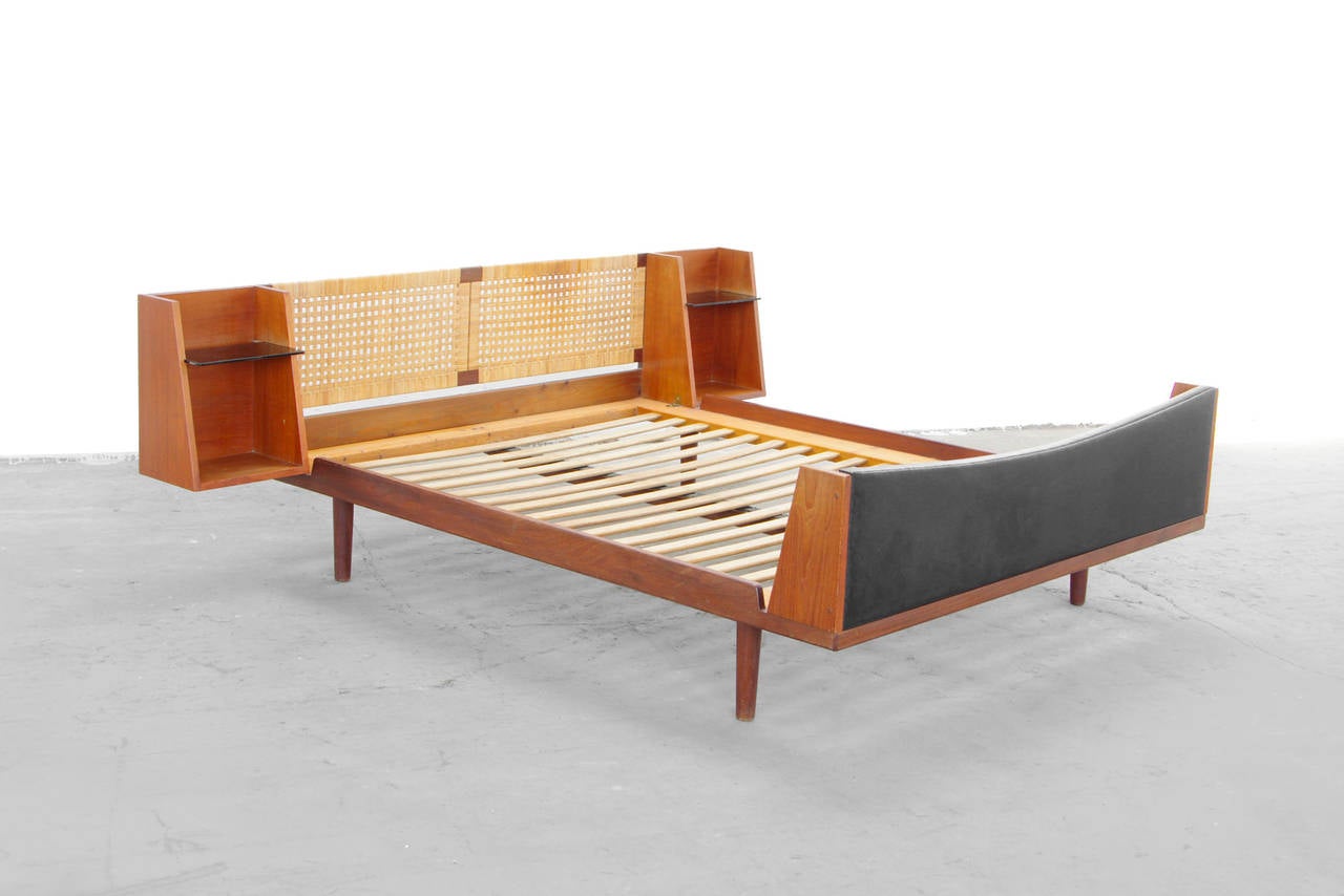 Mid-Century Modern Teak King-Size Bed with Cane Headboard by Hans Wegner, Danish Modern