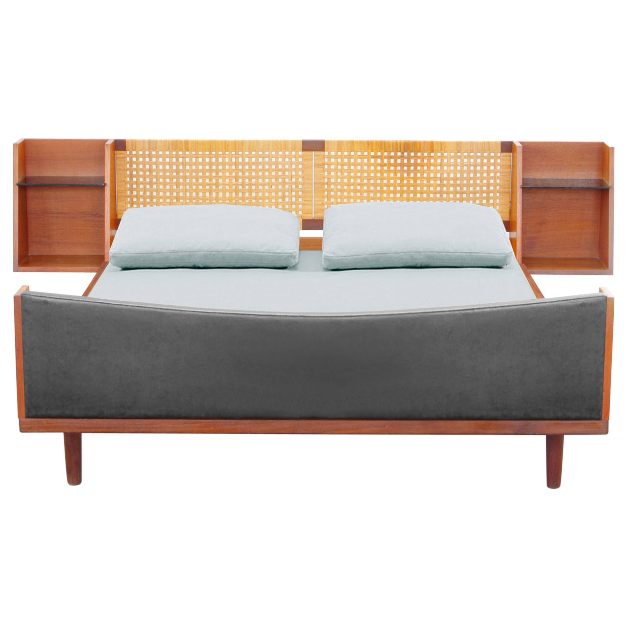 Teak King-Size Bed with Cane Headboard by Hans Wegner, Danish Modern