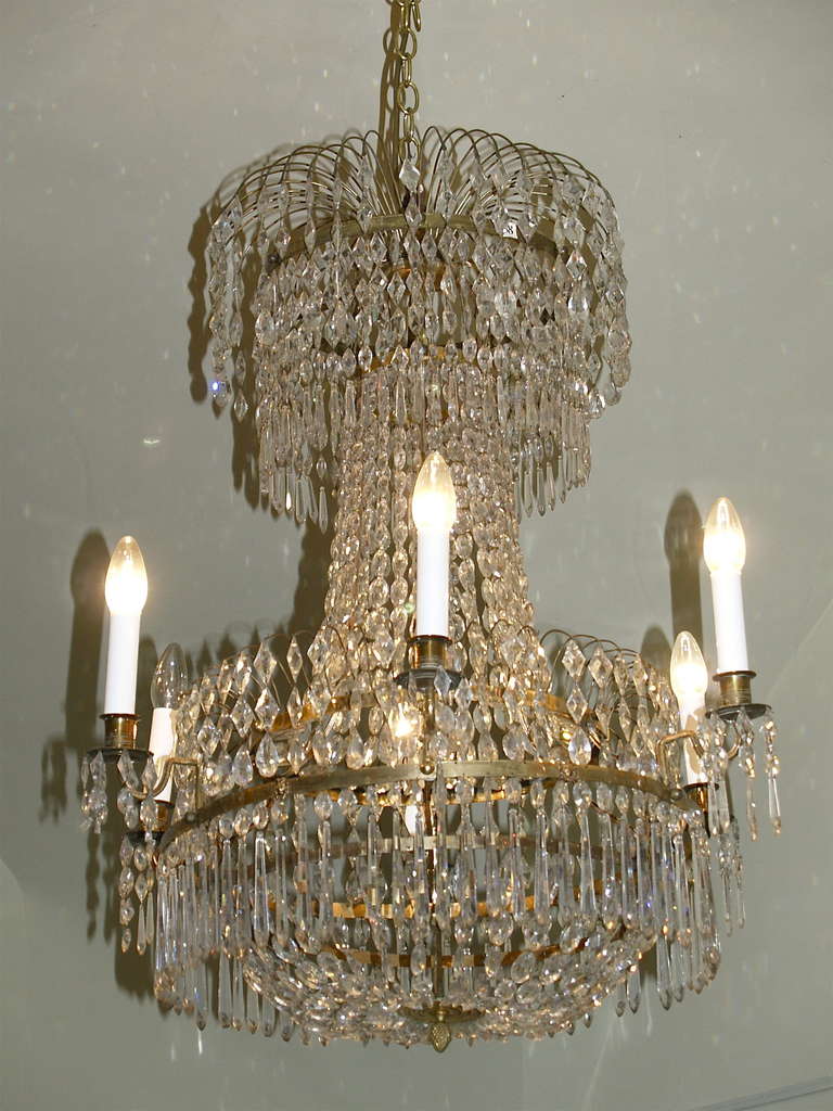 A Swedish Cut-Glass and Ormolu Six Light Chandelier