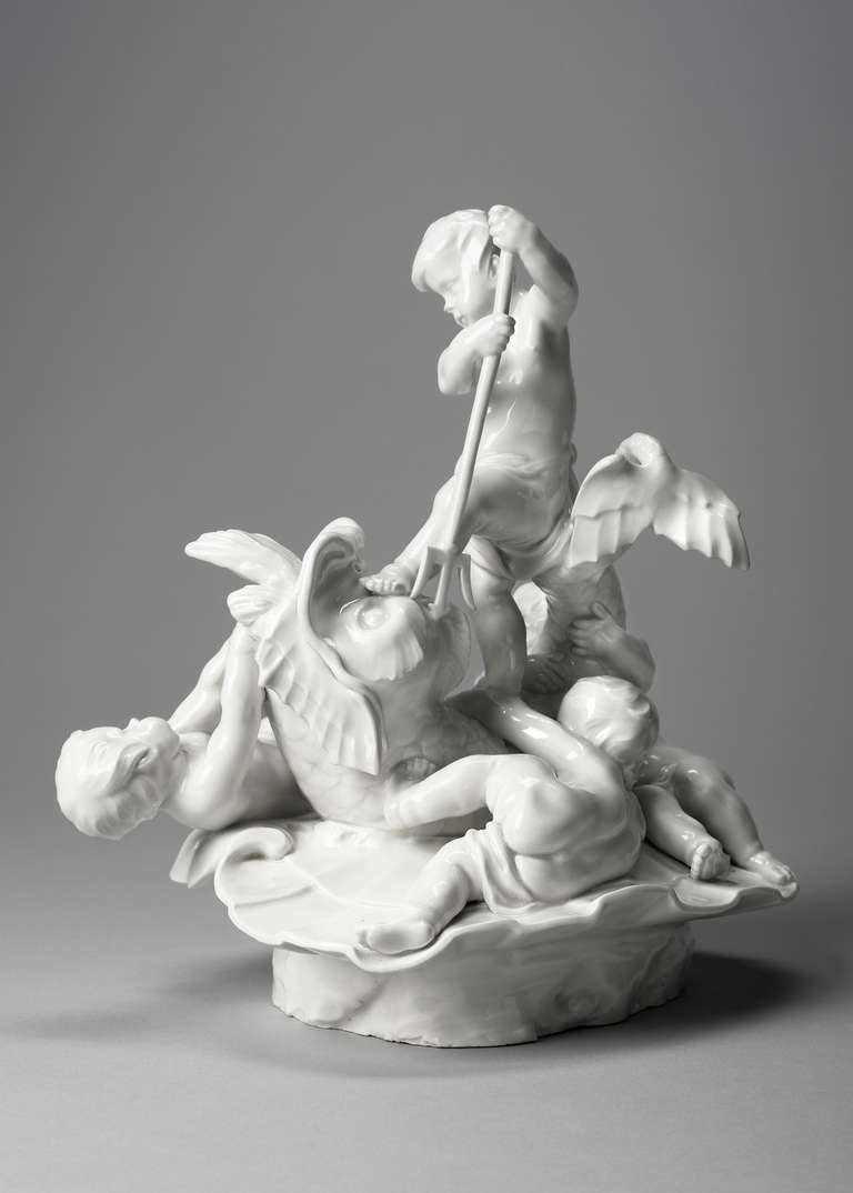 Very dynamic composed porcelain group based on an antique theme with perfect cirular view. The motion within is carried by baroque pathos. The centerpiece rests on an high oval shaped base and was perhaps a part of bigger group consisting of various