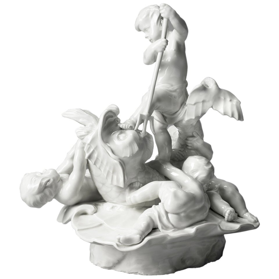 Porcelain Centerpiece - Group with Putti around a Dolphin For Sale