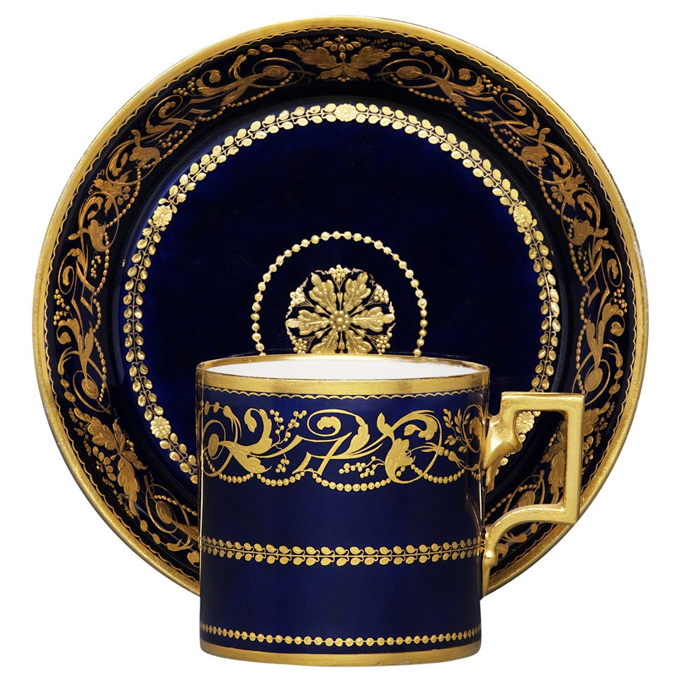 Cup and Saucer in "Leithnerblau" with Gold-Relief Decoration For Sale