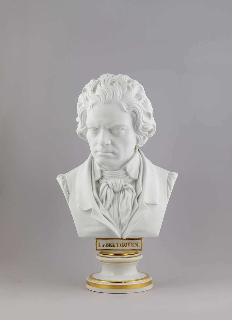 Bisque Porcelain Bust of Ludwig van Beethoven
Bonn 17.12.1770 - Vienna 26.3.1827
Inscribed : BEETHOVEN

Height: 40 cm
Dm: 24 cm
Modeler: C.F. 1856
Yearstamp: (1)855 (to the plinth)
Impressed shield (to the plinth)

Vienna ca. 1856