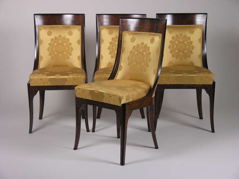 Wonderful chairs in burl wood, which gives a magnificent look. Tasteful and of timeless beauty. New upholstery in golden-yellow. Estate of the Viennese painter Eduard Veith (1858-1925).
The cabinet maker Herrgesell evolved in Vienna across three