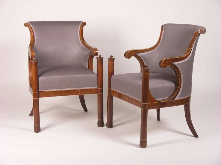Vienna was an important center of Biedermeier developping new types of seating furniture in good design and craftsmanship of high quality. These pair of armchairs is  an eyecatcher and comfortable at the same time.
Carefully restored, fabric and