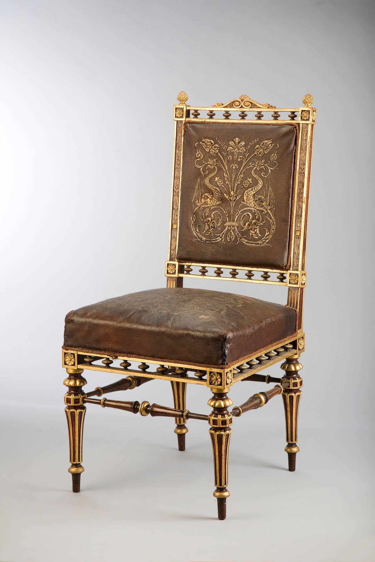 This original chair was part of the dining room in the Viennese palace of archduke Wilhelm designed by architect Theophil Hansen around 1866. Hansen, the important architect of that period in Vienna designed also interiors.
Lit: Eva Maria Orosz,