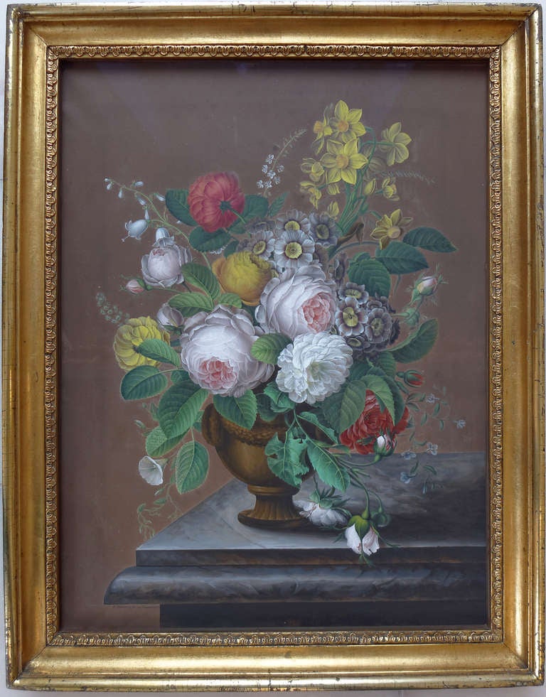 August Kenneberg, flower painter in Berlin, pupil of Carl Roethig, exhibited in 1826, 1830, 1839 and 1846 at the Berlin Academy Exhibition flower and fruit still-lifes. Gouache on paper, signed lower left: „A. Kenneberg, fec. im Januar 1829.“