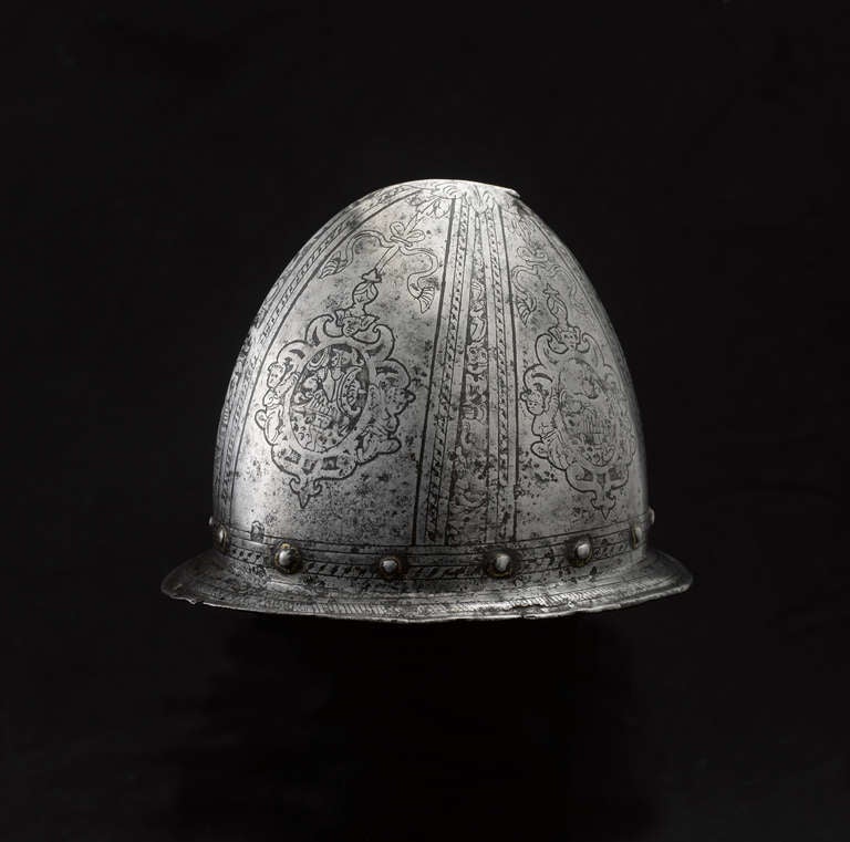 A Pear - Stalk Cabasset
(also called Spanish morion; Italian: Zuccotto) 

The almond shaped skull is forged in one piece and tapers to a stalk, typical for this type of helmet. On the lower edge the iron was shaped into a narrow brim and turned.