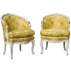 Antique Pair Louis XV White Painted Bergeres, circa 1755, stamped Jean-Baptiste Gourdin