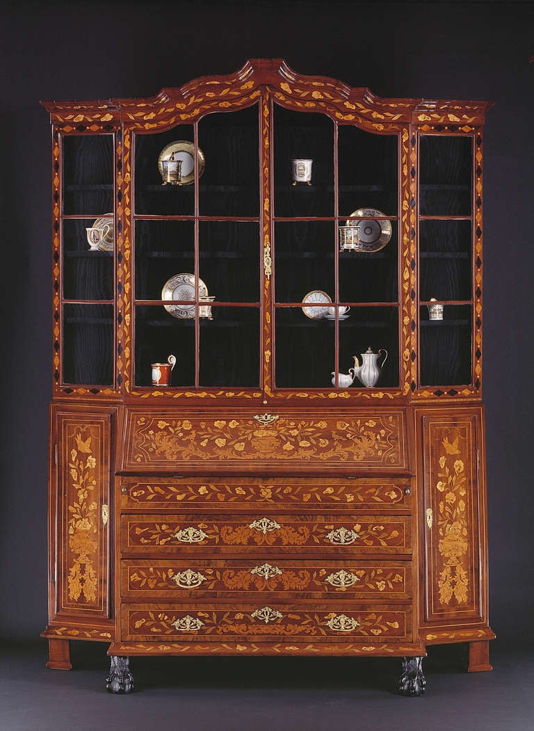 Neoclassical Early 19th Century Dutch Floral Marquetry Bureau Display Cabinet