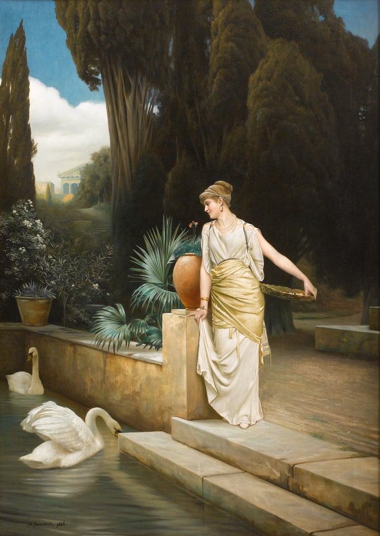 Max Nonnenbruch "Lady At The Swanlake" 1886 - Large German Symbolist Painting For Sale