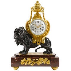 19th Century Louis XVI Style Gilt and Patinated Bronze Mantel Clock of a Lion 2